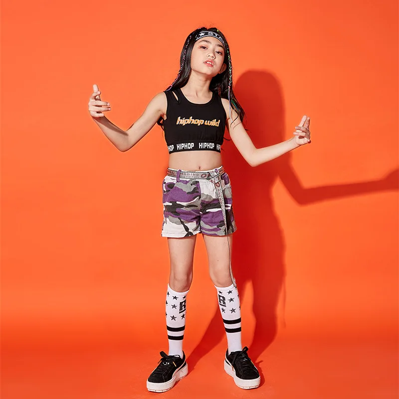 

New Style Children Jazz Dance Costume Women's Navel Vest Camouflage Shorts Set Girls Catwalks Performance Clothes Fashion