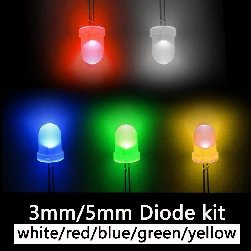 100pcs/200pcs 3mm 5mm LED Diode Assorted Kit White Green Red Blue Yellow Orange F3 F5 Leds Light Emitting Diodes electronic kit