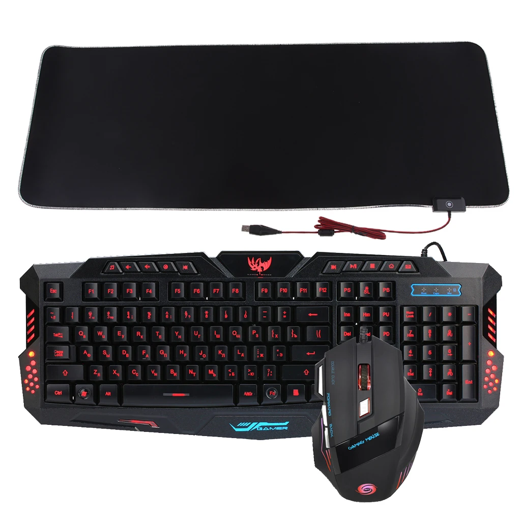 

Professional Russian Character Letters Backlit Gaming Keyboard and Colorful 5 DPI Adjustable Mouse With RGB Light Big Mouse Pad