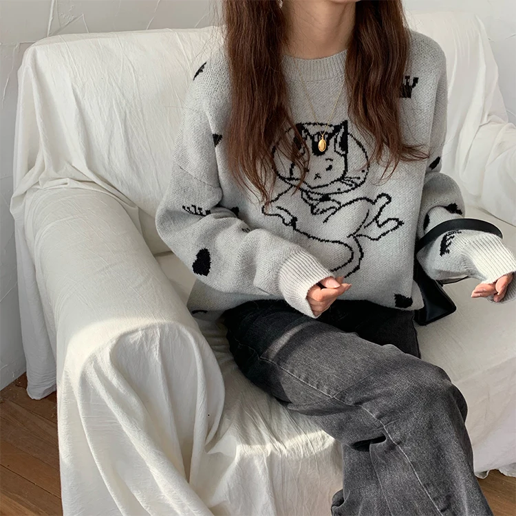 Модный свитер, свитер, топы, ins, новинка, свободный свитер, женский свитер, Kawaii cat, свитер для женщин