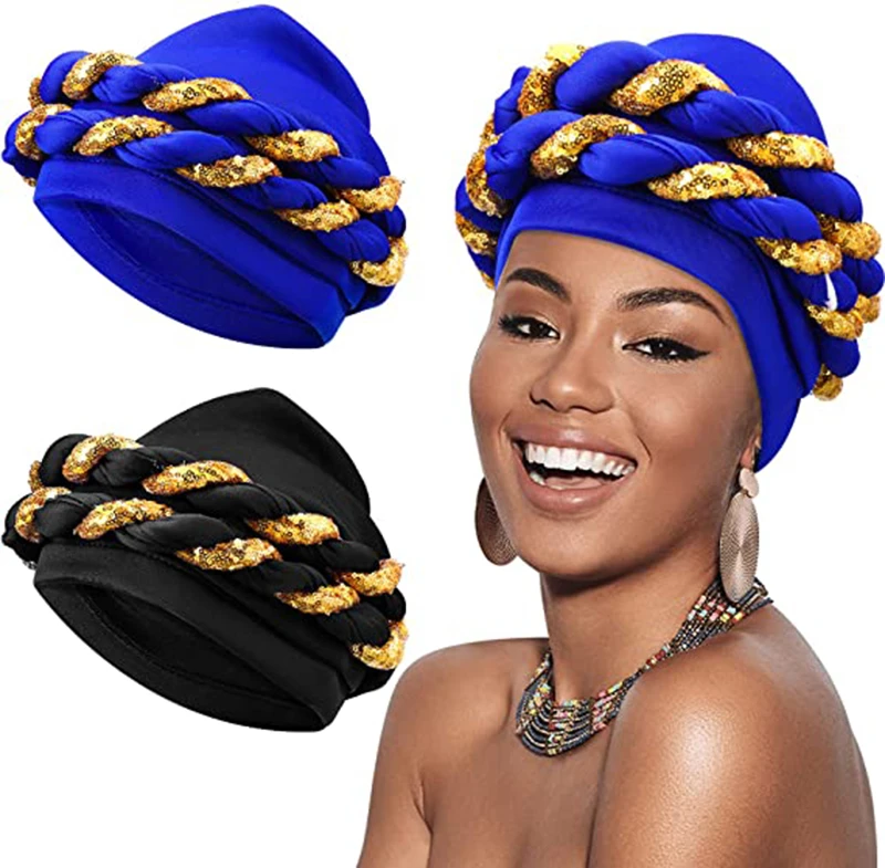 Fashion African Auto Gele Headtie Sequins Braids Women's Turban Cap Muslim Headscarf Bonnet Ready to Wear Hijab Wedding Hat formal dresses south africa