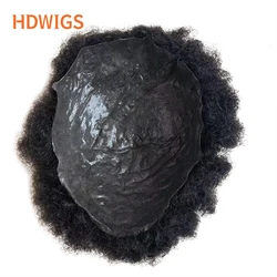 Men's Capillary Prothesis Full PU Afro Toupee 0.04-0.06cm Indian Human Hair Wigs 4mm Wave 100% Natural Hair Wig Natural Color