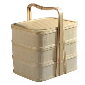 

Hand-woven three-layer bamboo basket bamboo picnic basket by week with mobile baskets take-out hotel delivery basket bamboo bask