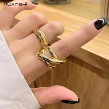 HUANZHI, новинка, корейский, геометрической формы, простой, многослойный, полый крест, золотые, блестящие, открывающиеся, металлические кольца для женщин, девушек, подарки, вечерние