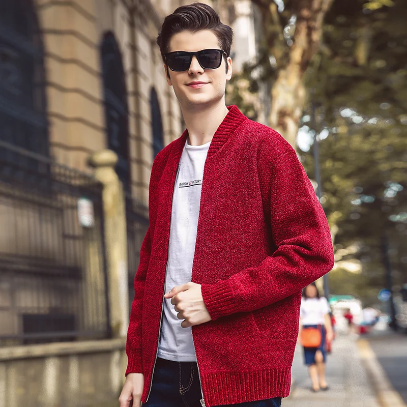 New Casual Winter Solid Color Cardigan Sweater Coat Baseball Collar Plus Velvet Thick Sweater Youth Men Warm Sweater Coat MWK010