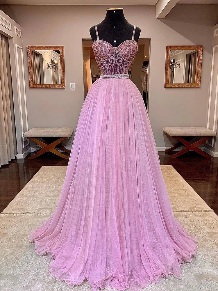 

Sexy Pink Long Prom Dresses Tulle Beaded Bling Women Robe De Soiree Vestidos De Fiesta Mujer Cocktail Party Dress Evening Gowns