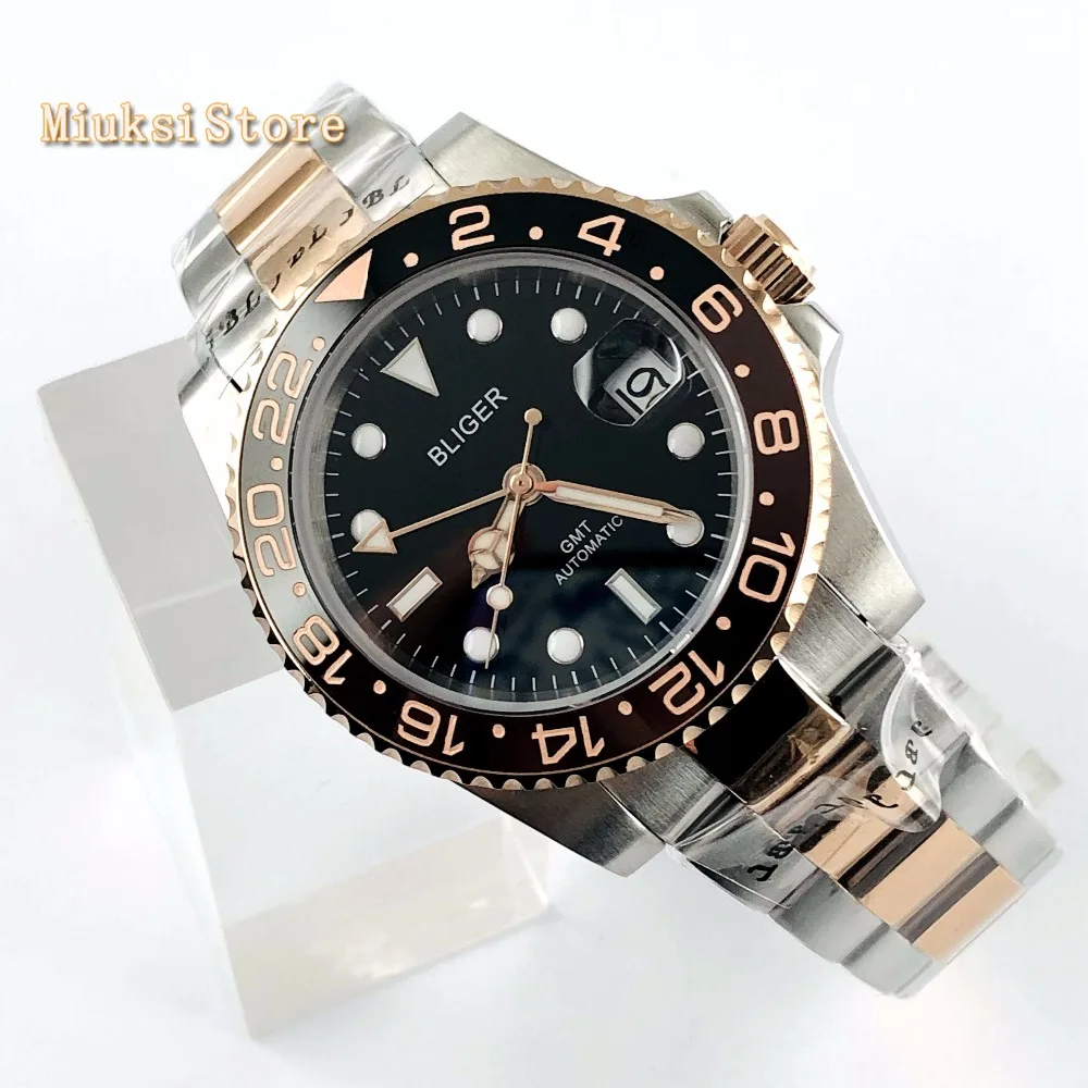 Bliger 40 мм Мужские лучшие деловые часы GMT черный циферблат сапфировое стекло керамический ободок окно даты светящиеся автоматические механические часы