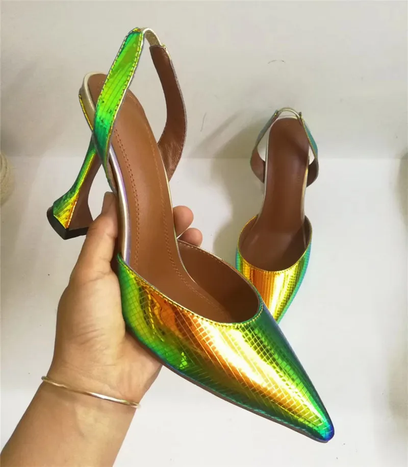 Блестящие цветные босоножки; Новинка; пикантные туфли на высоком каблуке с острым носком; обувь для вечеринок в мелкую клетку с металлическими вставками; Sandalias Mujer