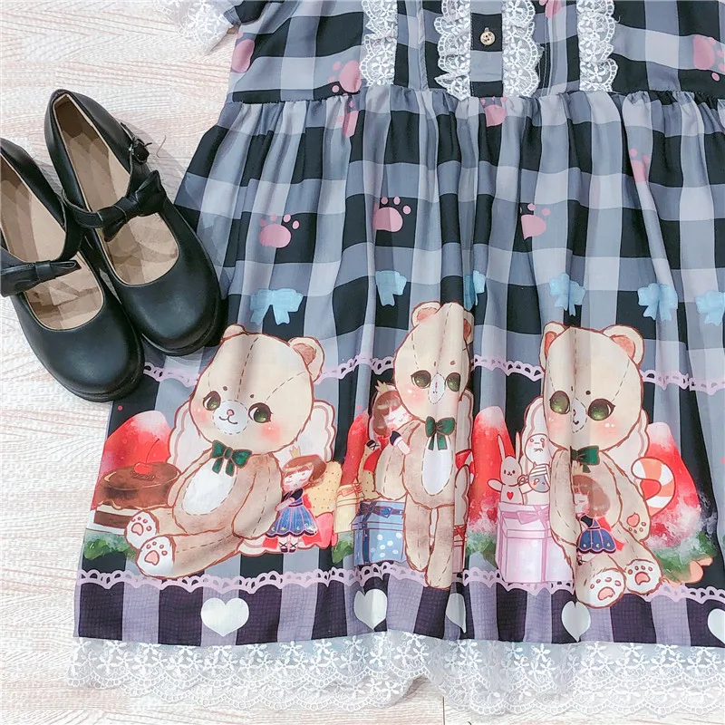 Японская летняя Для женщин Kawaii в стиле "Лолита" короткий рукав платье с принтом медведя, клетчатые, кружевные, молодая девушка, студентка Свободные Рюшами Платье из одного предмета