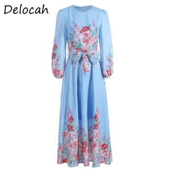 

Delocah Summer Women Fashion Designer A-Line Dress Lantern Sleeve Bow Sashes Floral Print Ladies Party Midi Dresses vestidos