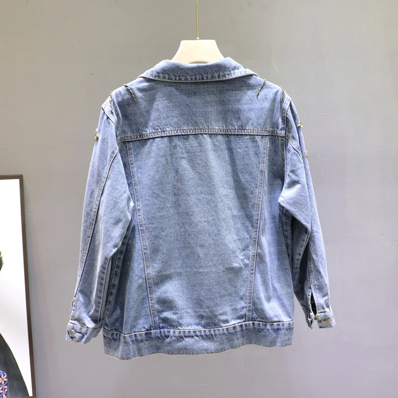 

2020 Spring New Heavy Embroidery Beads Blue Denim Jacket Female Cropped Jacket Ladies High Street Jean Jacket Denim Coat Femme