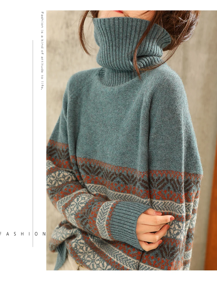 Зимний жаккардовый кашемировый свитер в стиле ретро, женский свитер с высоким воротом, свитер в полоску, свободный свитер, джемпер