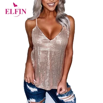 

Kawaii Sleevless Summer Tshirt V Neck Sequined Patchwork Tee Shirt Femme Sexy 2020 Woman Clothes SJ5246R