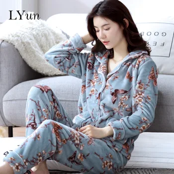 

LYun Women's pajamas coral fleece women's home wear Autumn and winter casual women's pajamas coral fleece women's home suits