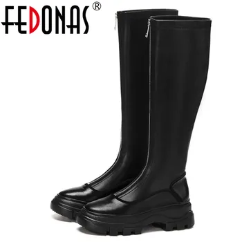 

FEDONAS Chunky Heels Genuine Leather Riding Boots Warm Boots Sport Flats Platform Women Knee High Boots Party Casual Shoes Woman
