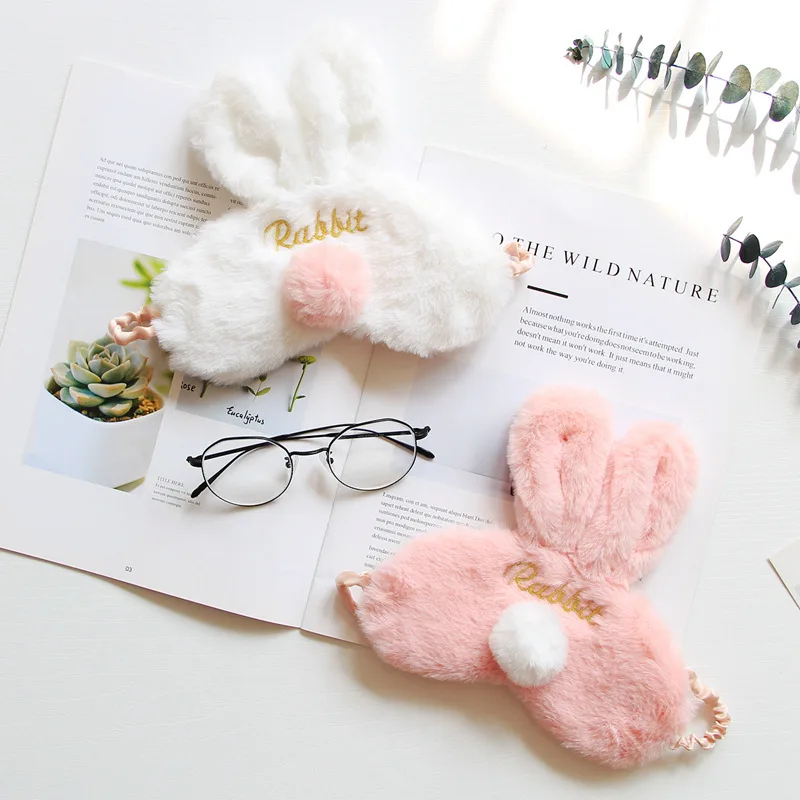 

Cute Adorable Powder Contrast Color Embroidered Letters Long Ear Stereo Ball Small Tail Rabbit Cartoon Shading Sleep Eye Patch
