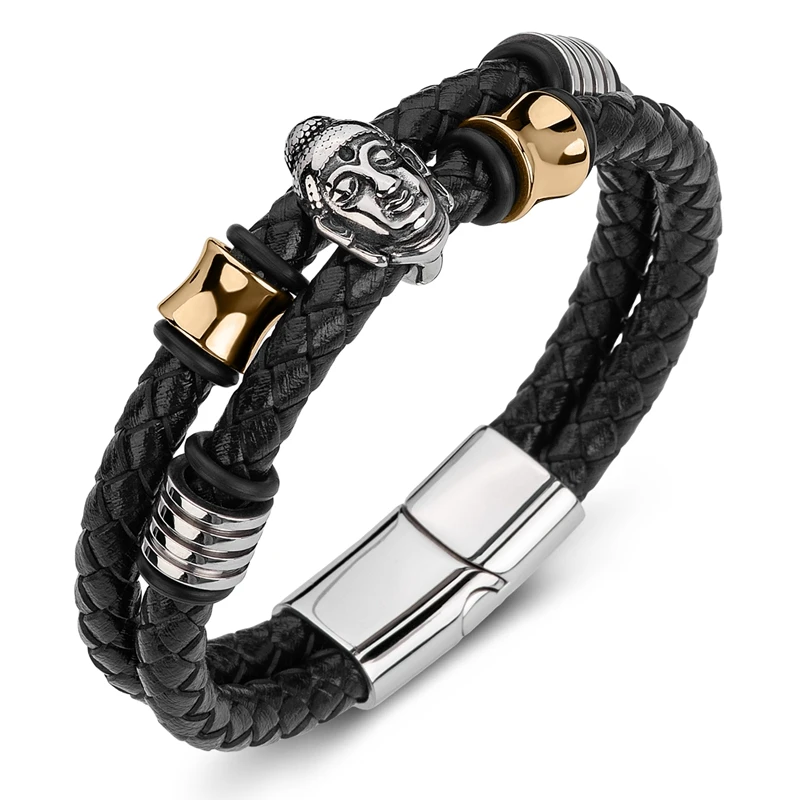 

Fashion Men Bracelets Genuine Leather Bangle Stainless Steel Buddhism Buddha Statue Wristband Punk Jewelry P191