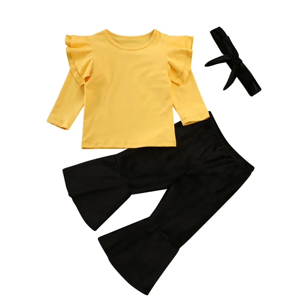 Осенняя рубашка для новорожденных девочек, желтые топы, расклешенные штаны, штаны и повязка на голову, весенний комплект