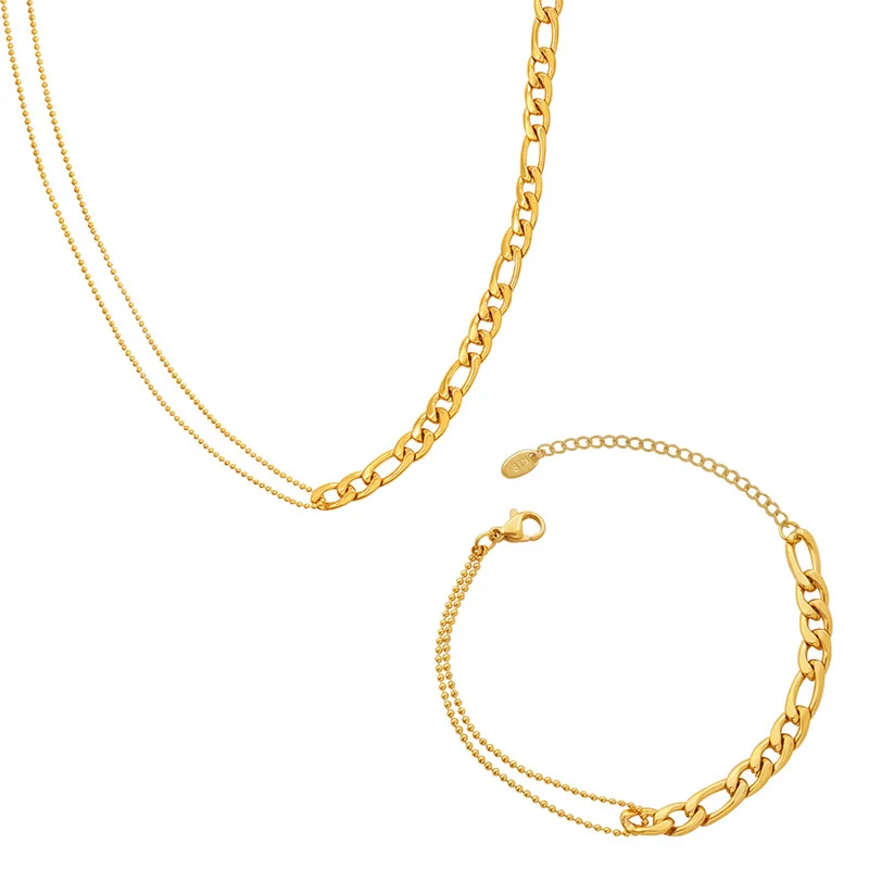 Stainless Steel Simple Metal Double-layer Round Bead Necklace Bracelet Set P153-e055 For Women Jewellery Chain Neck Decoration | Украшения