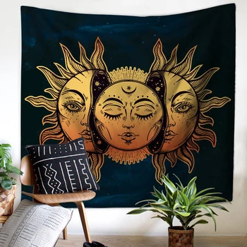 

Psychedelic Wall Hanging Horizontal Tapestry With Art Chakra Hippie Covering Sun and Moon Mural Room Decoration