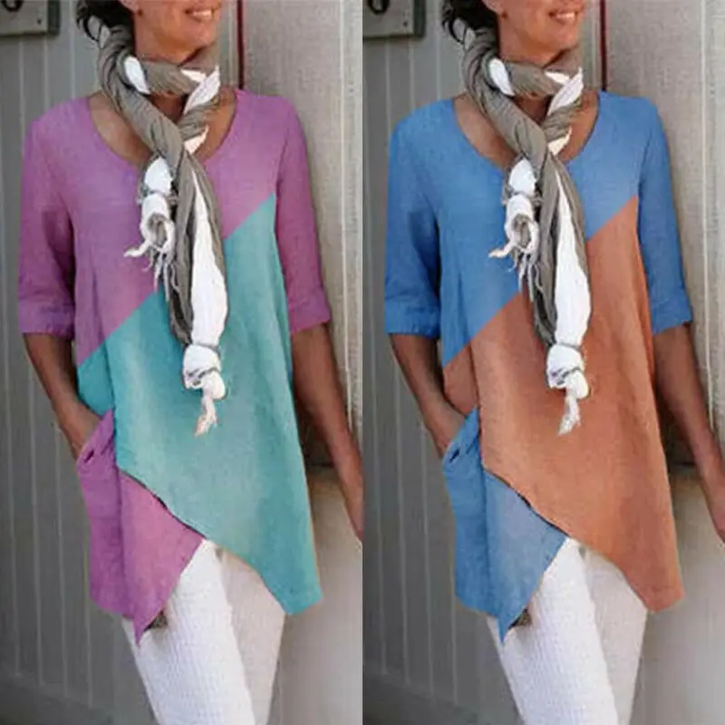 

Fashion Casual Loose Women Half Sleeve Round Neck Patchwork Color Matching Loose T-shirt Irregular Hem Tops