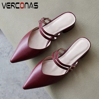 

VERCONAS 2020 Sweet Mules Woman Sandals Women Pumps Metal Decoration Genuine Leather Summer Pointed Toe Square Heels Shoes Woman