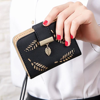 

Fashion Women's Purse Short Zipper Wallet Women Leather 2020 Luxury Brand Small Women Wallets Clutch Bag With Hollow Out Leaves