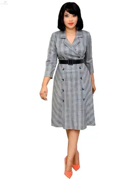 

Korean Dress Turn-down Collar Three Quarter Sleeve Work Dress Double Pocket With Sashes Loose Midi Dress OL Femme Office Dress