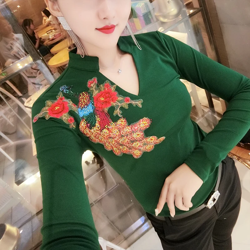 

Embroidery Peacock Dimonds Fashion Korean Tshirt 2019 New Autumn Winter Top Long Sleeve Slim Clothes Camiseta Mujer Black T98108