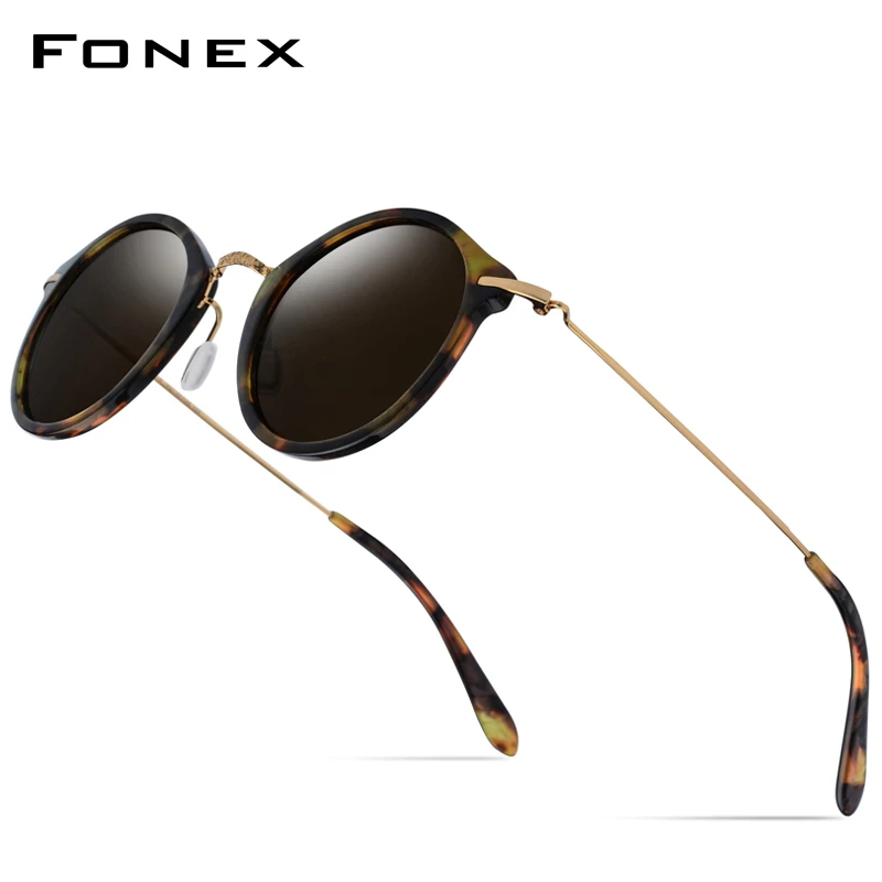FONEX gafas de sol de acetato y titanio para hombre y mujer, anteojos de sol femeninos de diseñador de marca, redondos y estilo Retro y Vintage, 852|Gafas de sol para
