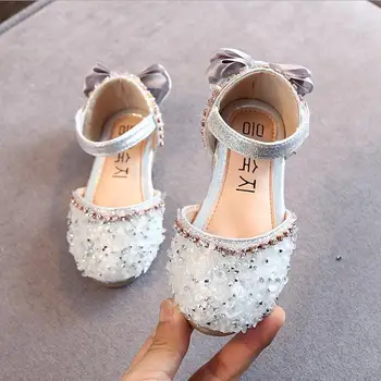 

Spring New Children Casual Shoes Leather Girls Princess Flat Heel Party Shoes Fashion Sequins Bow Pearl Kids Shoes For Girls
