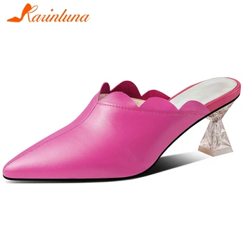 

Karinluna New Design Genuine Cow Leather Pointed Toe Summer Shoes Woman Pumps Mules Strange Style Slip-On Pumps Women