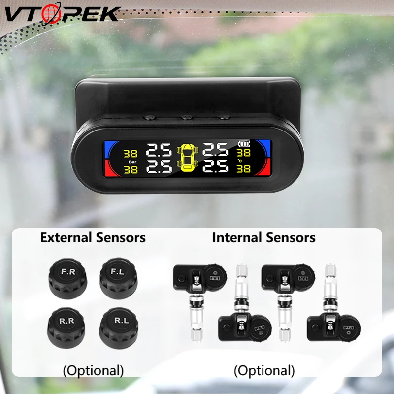 

Vtopek Solar TPMS Sensor System Car Tire Pressure Alarm Monitor Temperature Alert Tire Security Alarm 4 External internal Sensor