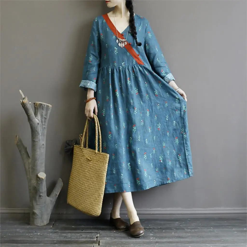

Women Linen Patchwork Printed Dress Ladies Loose Vintage Handmade Button Washed Dress Female 2019 V Neck Dresses Autumn Spring