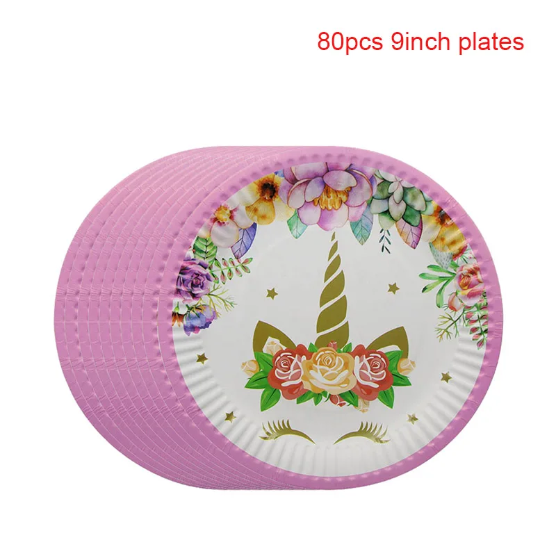 80pcs 9inch plates 80 шт. Единорог декорации дня рождения одноразовый набор столовых приборов розовая чашка с единорогом тарелки салфетка детский душ декор для детского дня рождения - Цвет: 80pcs 9inch plates