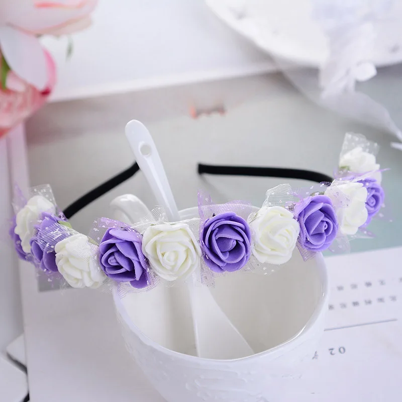 White Purple Горячие аксессуары для волос невесты и детей цветок оголовье пряжа Форма головной убор Венок Романтический ободок для волос головной убор для свадебной вечеринки - Цвет: White Purple