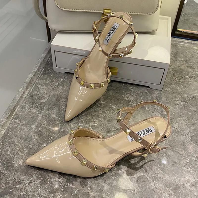 

Designer High Heels Sandals with rivets classics v brand wedding shoes Pointed Toe black nude party shoes Ornate Dress Footwear