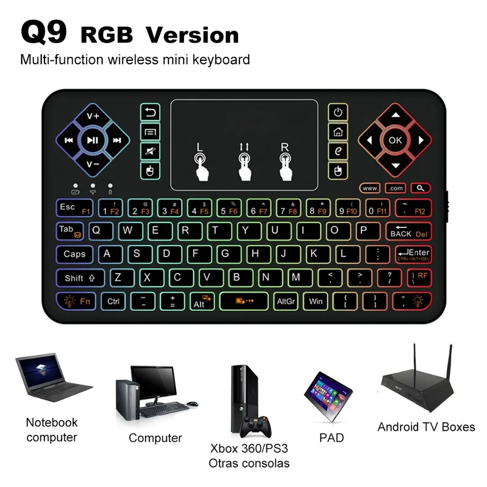 Q9 мини цветная Bluetooth беспроводная клавиатура RGB 3 вида цветов с подсветкой с сенсорной панелью Air mouse пульт дистанционного управления для Android tv Box Tablet