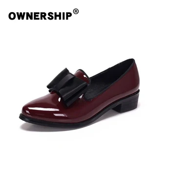 

Women Flats Women Shoes Bowtie Patent Leather Women's Low Heels Slip on Footwear Female Pointed Toe Thick Heel 2020 New Rubber
