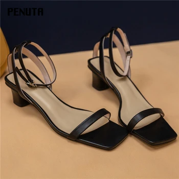 

2020 PENUTA Women Office Sandals Square Toe Mid Heel Shoes Ladies Ankle Strap Genuine Leather Comfort Summer Shoes Black X0073