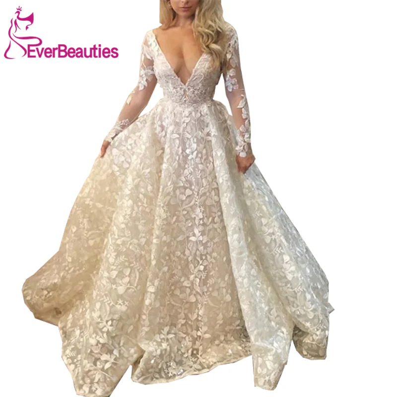 Свадебные платья Тюль Кружева Аппликации с длинным рукавом Robe De Mariee невесты платье v-образным вырезом Свадебные платья Vestido De Noiva
