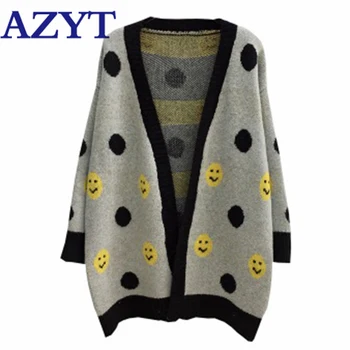 

AZYT Smile Face Print Knit Female Cardigan Jacket 2020 Women V Neck Fashion Patchwork Knitshirt Coat Casual Women' Sweater