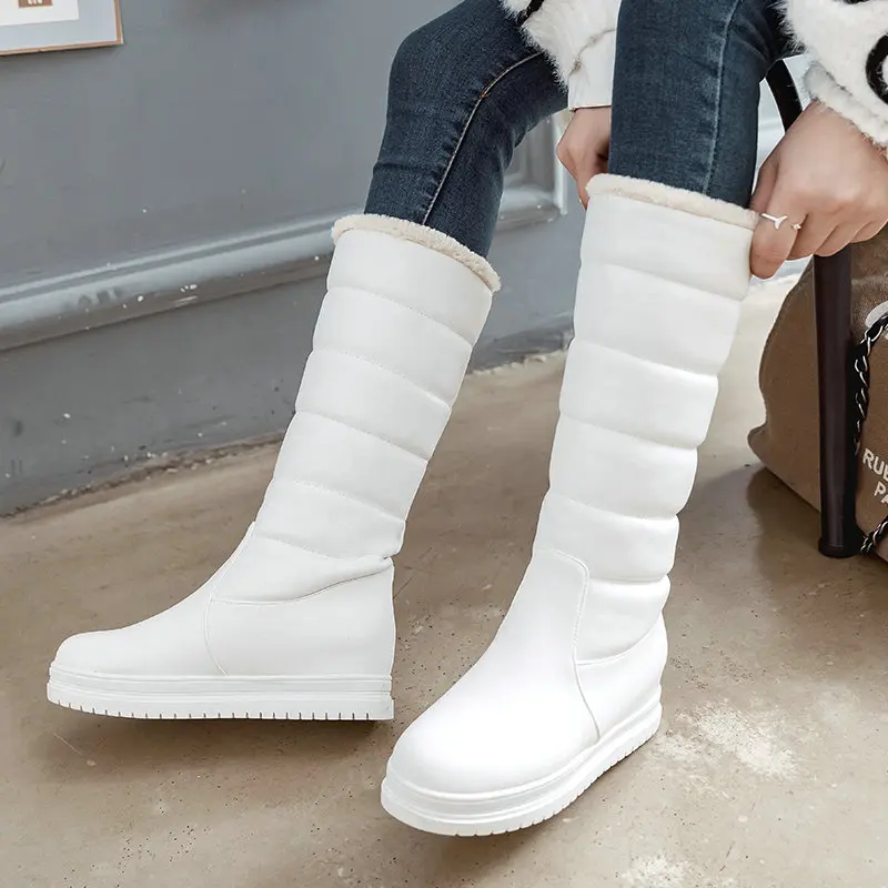 Зимние теплые плюшевые сапоги до колена; удобные женские зимние сапоги на плоской подошве; женская обувь без застежки на платформе; цвет черный, розовый, белый; - Цвет: White Calf boots