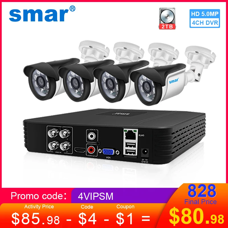 

Smar 5MP Security Camera System 4CH AHD DVR Kit 2/4PCS 5.0MP HD Outdoor Waterproof CCTV Camera Video Surveillance Kit P2P HDMI