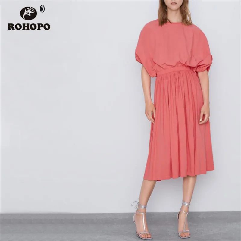 

ROHOPO Woman Watermelon Red Cotton Midi Dress Puff Sleeve Tunic Trimmed Elasticity Waist Maxi Pleated Solid Vestido #2165