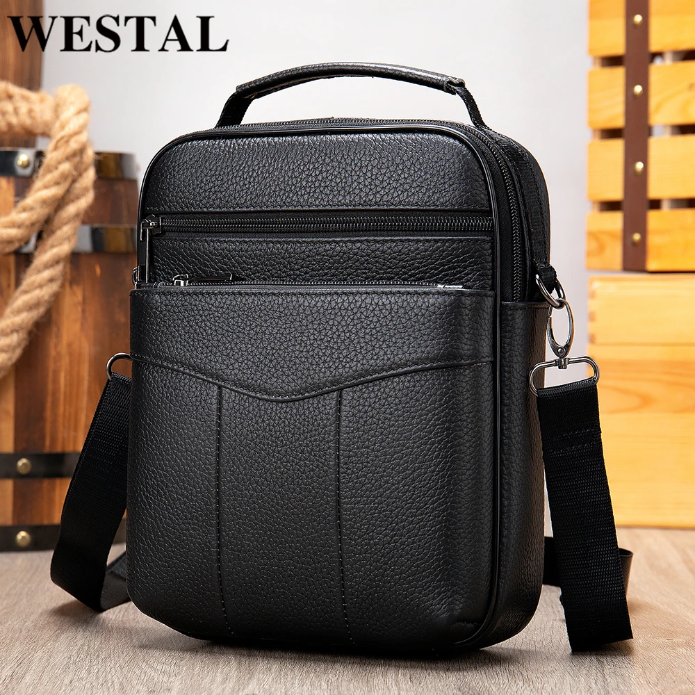 WESTAL Crossbody Bags for Men Fashion Men's Designer Shoulder Bag Men Genuine Leather Black Flap
