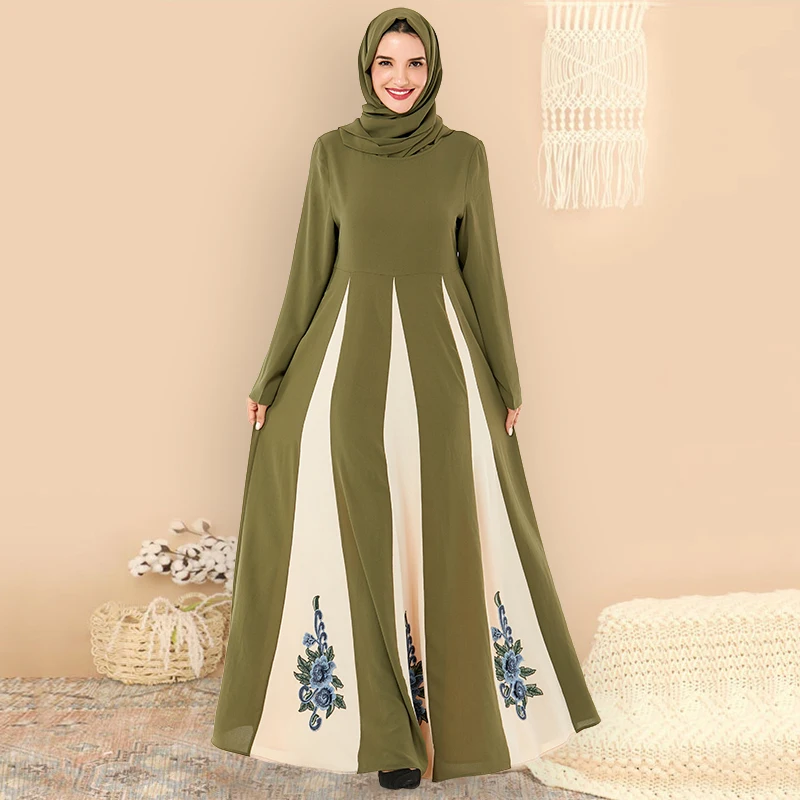 Siskakia абайя платье Дубай, Турция марокканские платья армейская зеленая Роза вышивка мода хит цвет лоскутное мусульманская одежда осень
