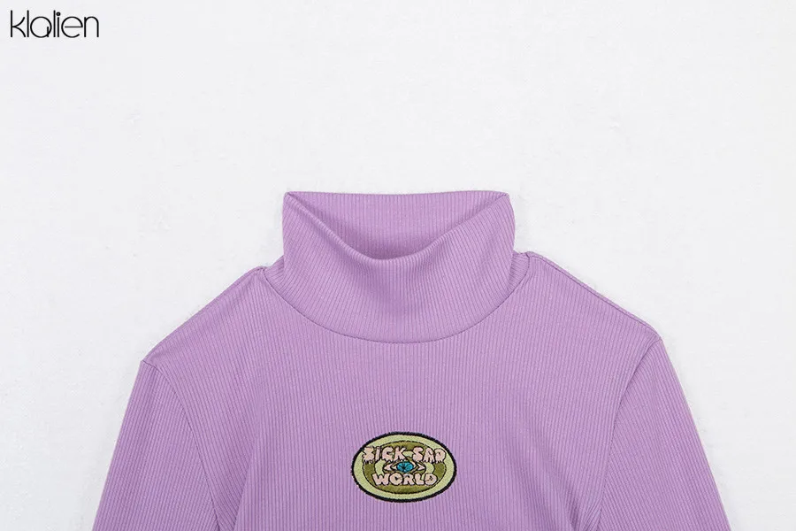 KLALIEN women casual fashion long sleeve turtleneck purple autumn letter tees elegant sweatshirts female pullover loose new