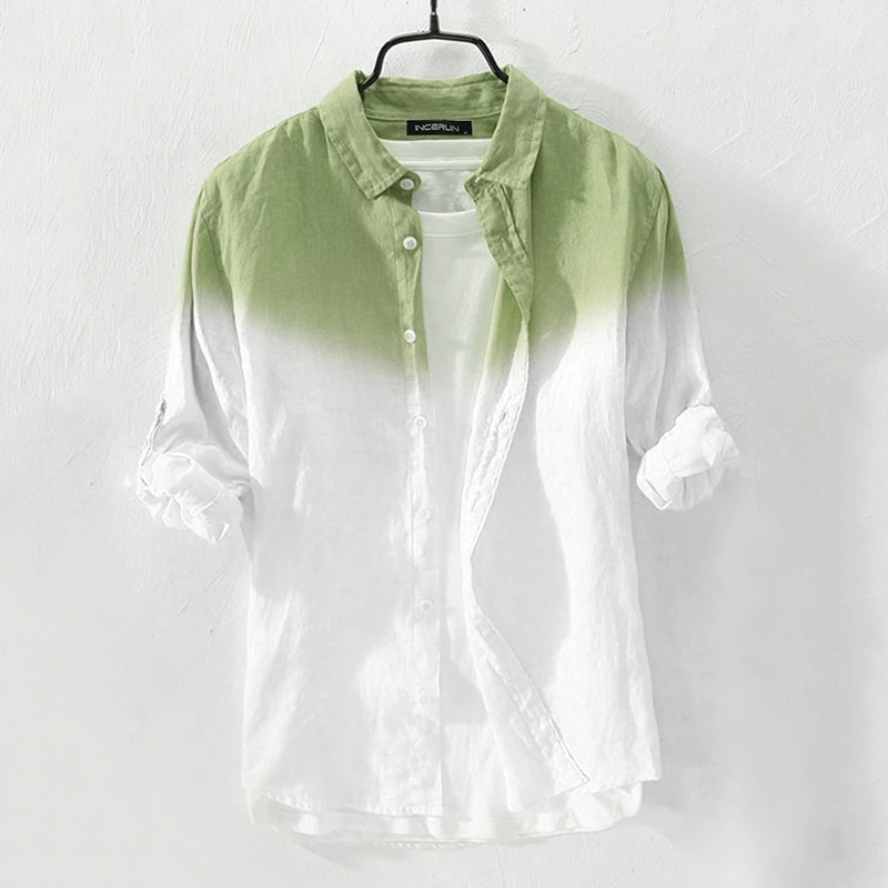Army Green Shirt INCERUN, модная рубашка с градиентом, мужская рубашка с длинным рукавом, хлопок, высокое качество, повседневные топы на пуговицах, брендовые рубашки для мужчин, Camisa - Цвет: Army Green Shirt