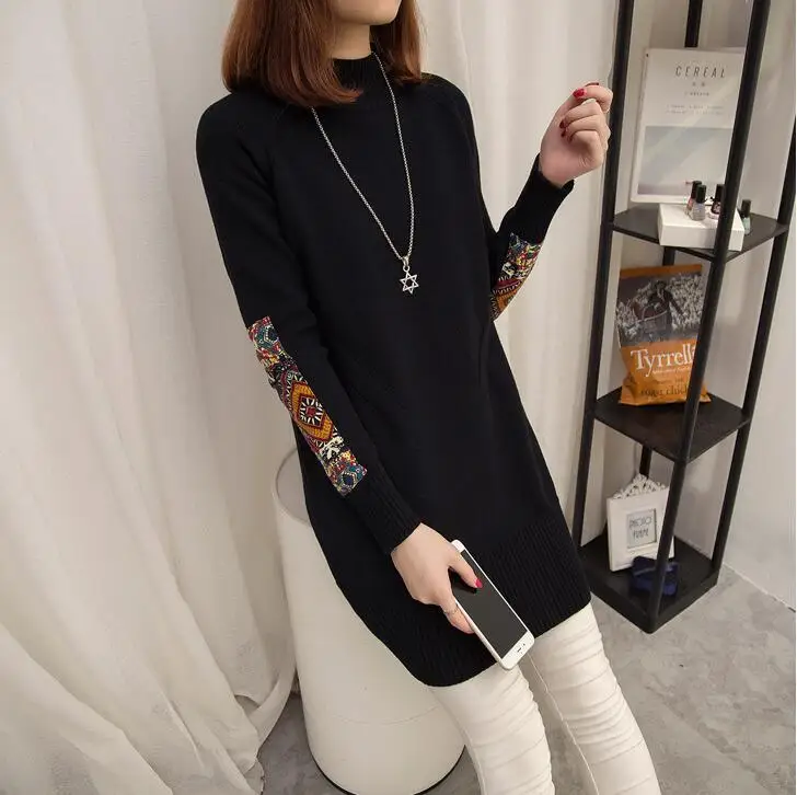 Женский осенне-зимний вязаный длинный пуловер с высоким воротом, женский свитер, корейская мода, свободные толстые свитера, джемпер Q9377 - Цвет: Черный